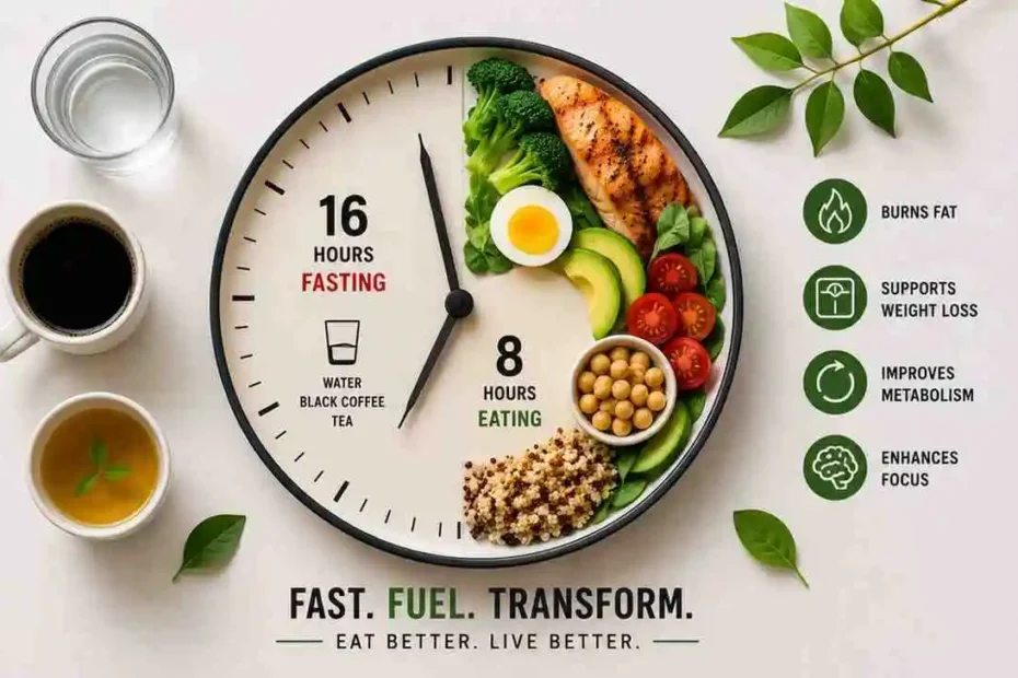Best way to do intermittent fasting to lose weight with healthy meal, black coffee, water, and 16:8 fasting concept.