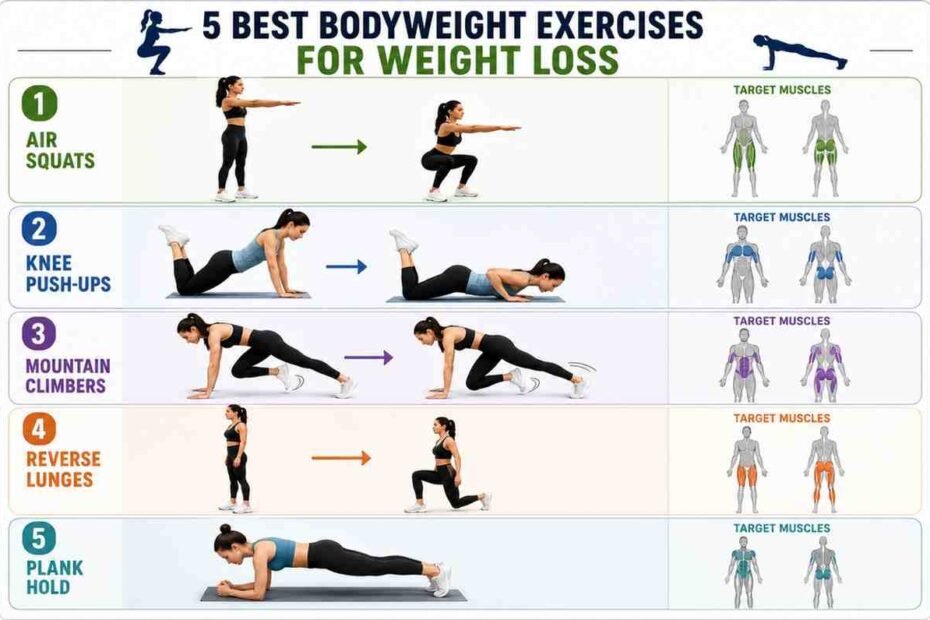 5 bodyweight exercises for weight loss including air squats, knee push-ups, mountain climbers, reverse lunges, and plank hold.