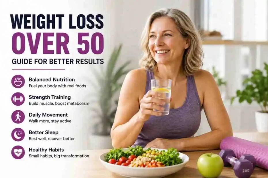 A vibrant woman in her 50s smiles warmly while enjoying a nourishing, wholesome meal at a sunlit table after a refreshing workout, capturing a balanced lifestyle that makes healthy weight loss after 50 feel natural, sustainable, and empowering.