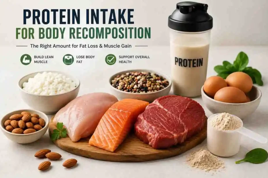 Protein Intake for Body Recomposition featuring high-protein foods including chicken, salmon, eggs, cottage cheese, nuts, and protein powder