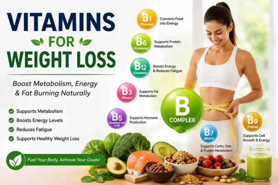Infographic showing the best B vitamins for weight loss, including Vitamin B1, B6, and B12, with healthy foods that support metabolism and energy production.