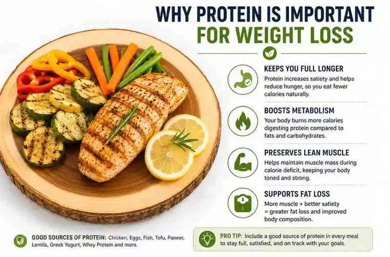 Infographic explaining why protein is important for weight loss, featuring grilled chicken, vegetables, and key benefits like reduced hunger, increased metabolism, muscle preservation, and healthy fat loss.
