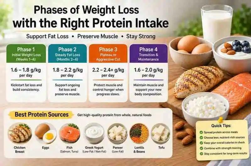 Phases of weight loss with protein intake recommendations for fat loss and muscle preservation